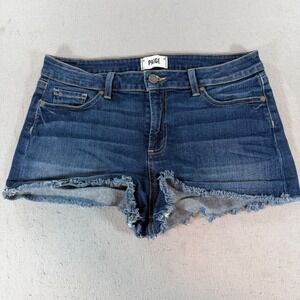 PAIGE Daryn Raw Hem Cut Off Denim Shorts‎ Womens 30 Dark Wash Stretch Blue